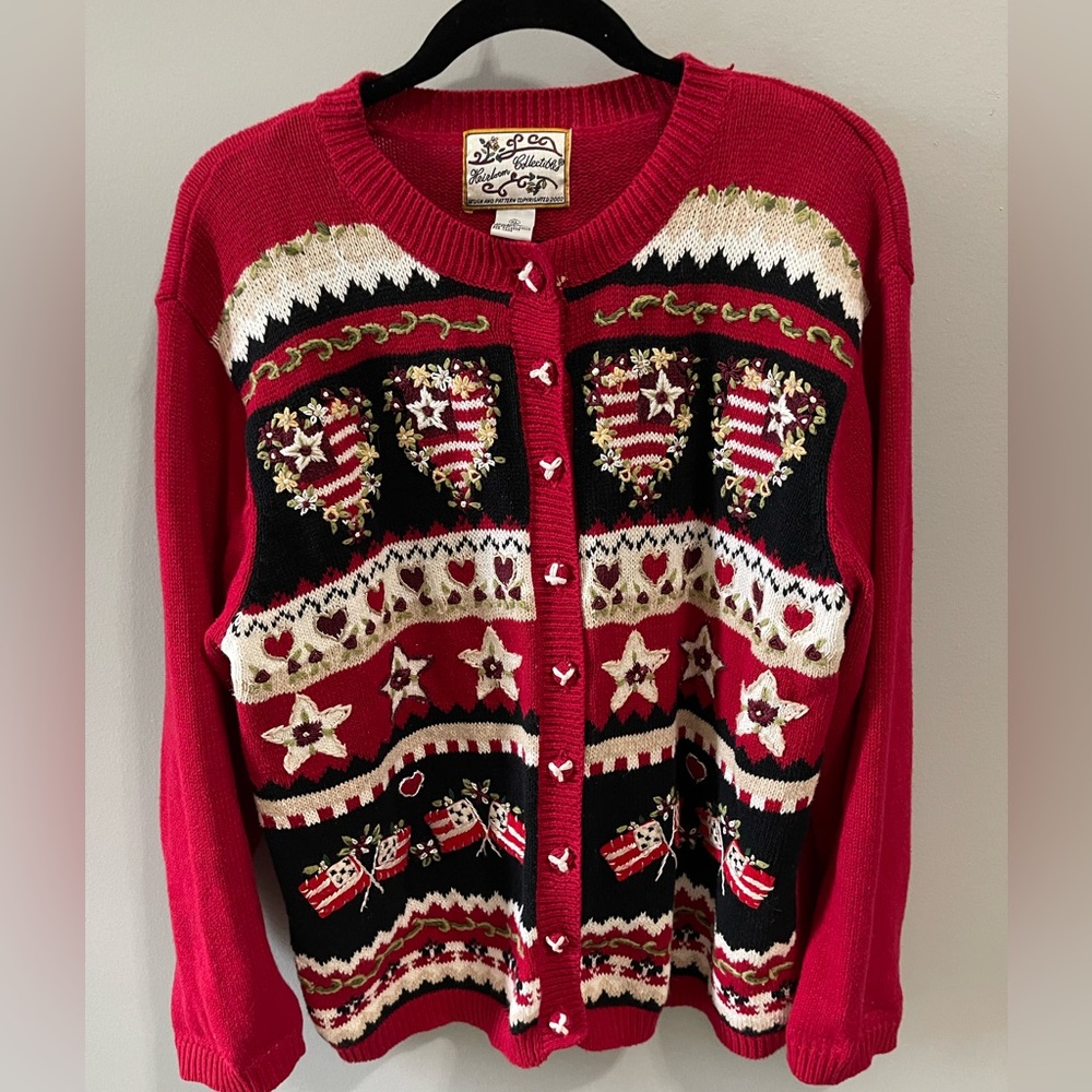 Heirloom Collectibles VTG Cardigan Sweater Hearts‎ & Roses flowers XL Red